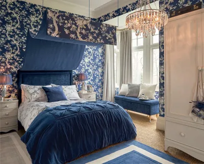 Интерьер спальни в синих тонах - 76 фото