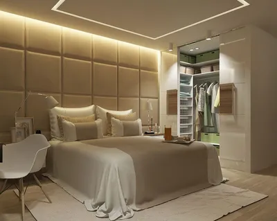 Спальня с гардеробной небольшого размера: угловая планировка в современном  стиле - 26 фото
