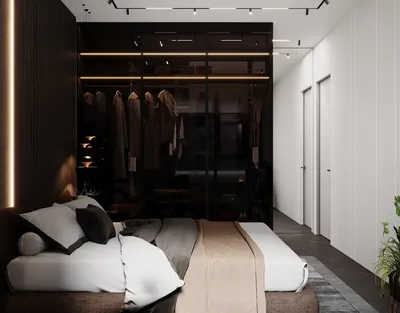 Современный дизайн спальни с гардеробной - 59 фото