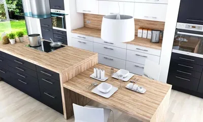 Кухня с белым и черно-белым фасадом и деревянной столешницей, кухонный  гарнитур