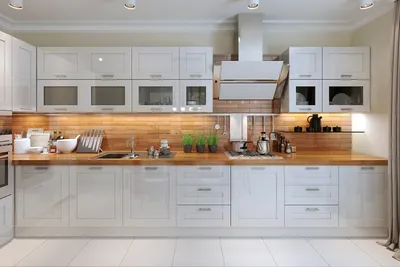 Современная кухня в классическом стиле Белая кухня с деревянной столешницей  из Современная классика - купить в компании «Маэстро»