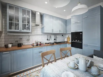 Бело голубая кухня с деревянной столешницей - 70 фото