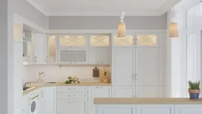Белая кухня с серой и деревянной столешницей в современном стиле: белый  кухонный гарнитур и обои для белой кухни.