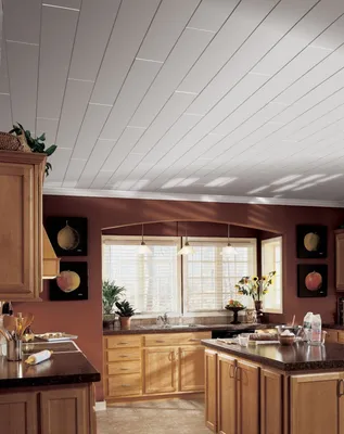Потолок на кухне из пластиковых панелей - 72 фото