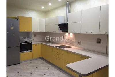 Купить кухню с желтыми и белыми фасадами \"ИЗОЛЬДА\" размер 3,4×1,6 метра  напрямую с фабрики Grandis