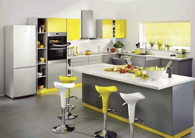 Желтая кухня: сочетание желтого с другими цветами в интерьере, кухня с  коричневыми фасадами