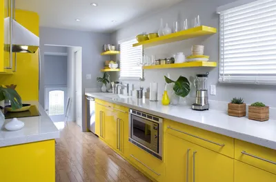 Желтая кухня в интерьере - 58 фото