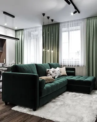Зеленый диван в интерьере кухни гостиной - 76 фото