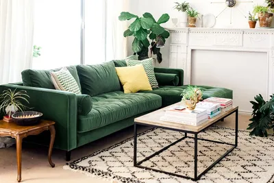 Дизайн гостиной с зеленым диваном - 68 фото