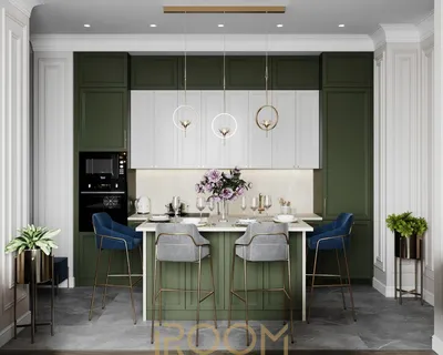 Зеленая кухня с островом в неоклассическом стиле | Iroom Design