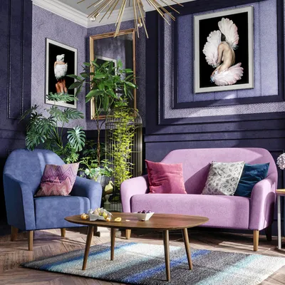 Интерьер темной гостиной с фиолетовым диваном и креслом Miami Lux — фабрика  современной дизайнерской мебели SKDESIGN