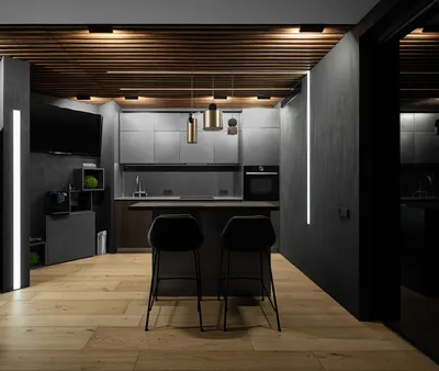 Проект недели: Кухня-гостиная в тёмных тонах — на 17 этаже | Houzz Россия