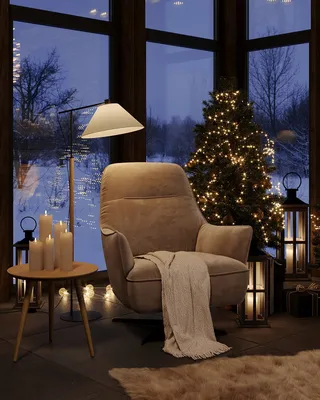 Новогодний интерьер гостиной с камином и мебелью SKDESIGN