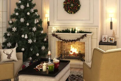Рождественская гостиная с христмас-деревом и огненным уголком представляет  собой современный классический стиль, новогодняя конце Стоковое Изображение  - изображение насчитывающей блеск, мебель: 162285515