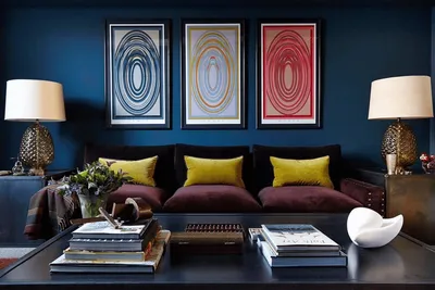 Дизайн интерьера гостиной в синем цвете, советы и фото примеров