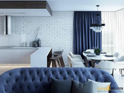 Кухня гостиная с синим диваном - 66 фото