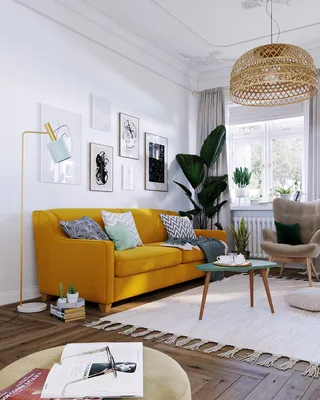 Желтый диван в интерьере гостиной в эко-стиле - идея интерьера SKDESIGN