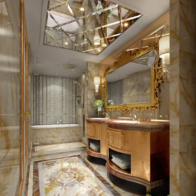 Зеркальный потолок в ванной - 59 фото