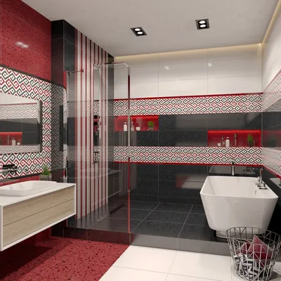 Красно белая ванная комната (61 фото)