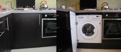 Стиральная машина на кухне: видео-инструкция по монтажу своими руками,  плюсы и минусы такой установки, как спрятать, вписать в интерьер, тумба,  цена, фото