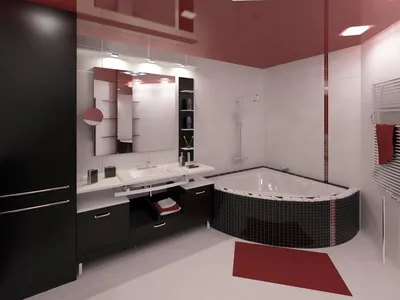Дизайн большой ванной комнаты в красно-черных тонах с угловой ванной и  черной мебелью. #бо… | Черные ванные комнаты, Большие ванные комнаты, Планы  небольших квартир