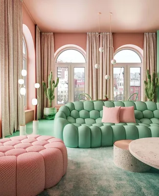 Розовый цвет в интерьере гостиной - 65 фото
