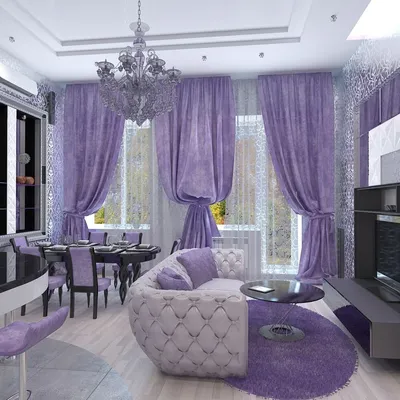 Гостиная с фиолетовыми шторами - 64 фото