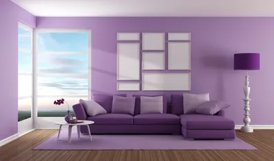 Гостиная комната с диваном у окна в фиолетовом цвете Обои для рабочего  стола 1920x1080