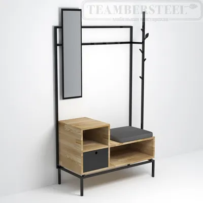 Банкетка для прихожей с выдвижным ящиком, вешалкой, зеркалом, черная,  современная, дерево|Teambersteel