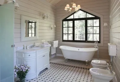 Ванна в деревянном доме - 40 фото
