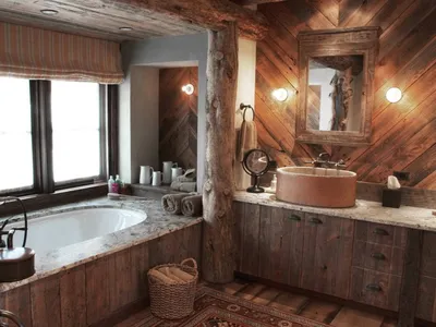 Ванная комната в деревянном доме: фото интерьера красивой отделки в доме из  бруса