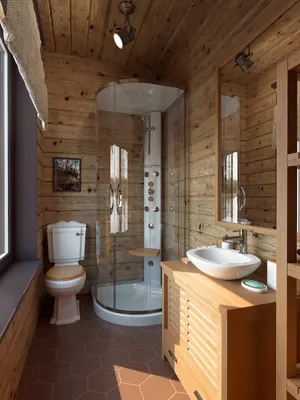 Ванная комната в деревянном доме - 60 фото