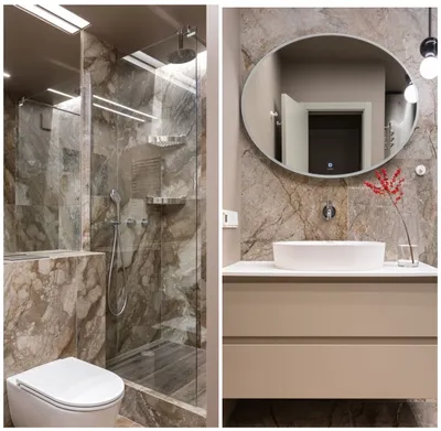 Совмещенный санузел с ванной (4 м2) в современном стиле в светлых тонах -  дизайн проект от Сантехники-Онлайн