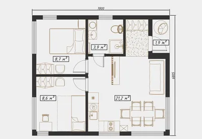 D-3.1 Трехмодульный дом с 2 спальнями, просторной кухней-гостиной, совмещенным  санузлом и крыльцом