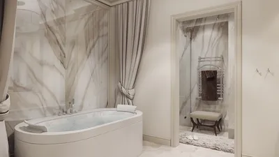 2023 ВАННЫЕ фото светлая ванная комната с овальной отдельностоящей ванной и  шторами, Москва, Александра Клямурис