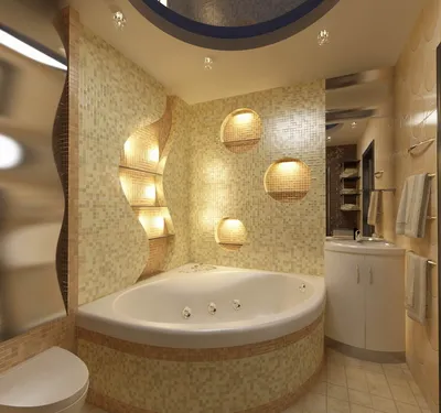 Ванная комната с угловой ванной и окнами с узорчатым белым тюлем