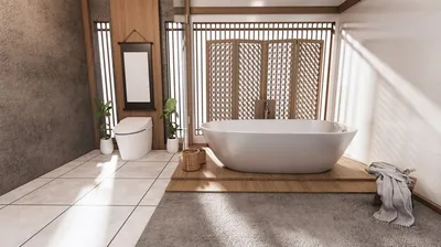 Тропическая ванная комната в японском стиле 3d-рендеринг | Премиум Фото