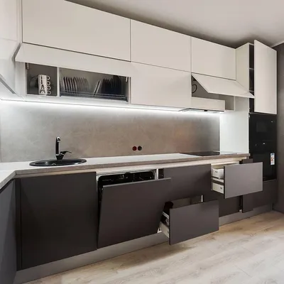 Угловая бело-серая кухня в современном стиле \"Модель 731\" в Сочи - цены,  фото и описание.
