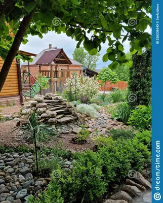 ландшафтный дизайн коттеджного поселка. деревянные дома для отдыха в горах.  Стоковое Изображение - изображение насчитывающей строя, походы: 226236543