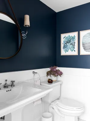 Синяя стена в ванной комнате - 75 фото