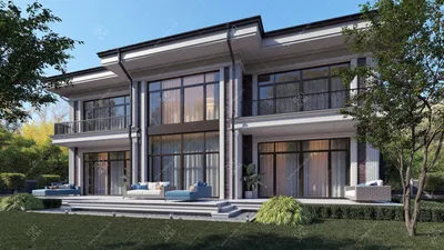 Бело-коричневый фасад дома 🏠 Проект дома (470 кв.м) из коричневого кирпича  с белыми окнами