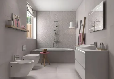 Серая плитка в ванной с яркими акцентами: современный стиль - 35 фото