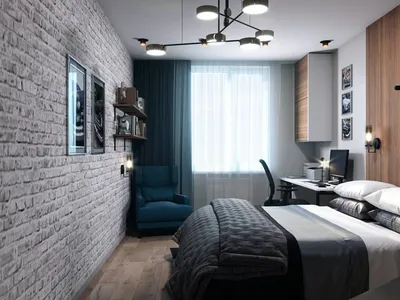 Дизайн-проект спальни с серой кирпичной стеной