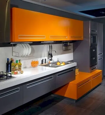 Интерьер кухни с оранжевым гарнитуром (69 фото)