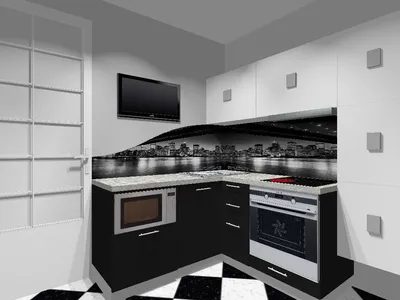Черно-белая кухня 5,7 кв.м со стеклянным фартуком: фото, проект, планировка