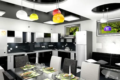 Фотографии работы: Дизайн-проект кухни-столовой в контрастной черно-белой  гамме с цветными акцентами