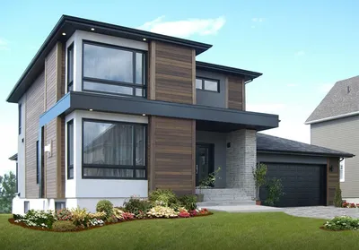 Проект современного двухэтажного дома с большими окнами и вариантами  отделки фасада