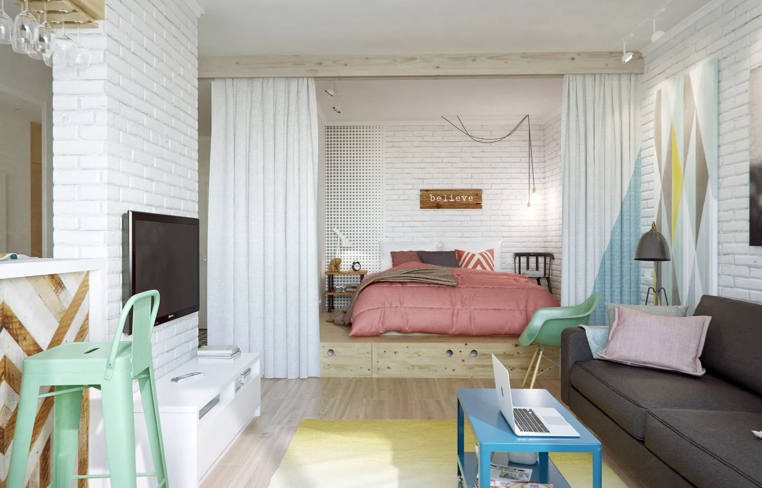 спальня с гостиной в одной комнате в стиле лофт
