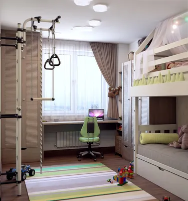Дизайн интерьера детской комнаты для мальчика и девочки в экостиле. «Домик  в лесу» — Roomble.com