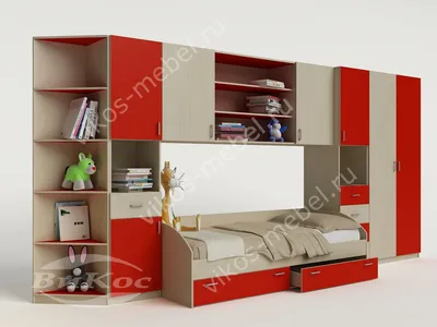 Большая модульная стенка с кроватью и шкафами для детской комнаты